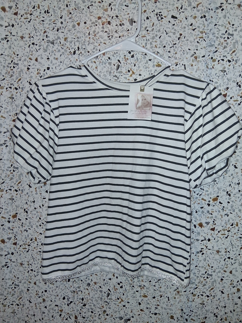 Girls Jessica Simpson White and Black Striped Puff Sleeve Tee